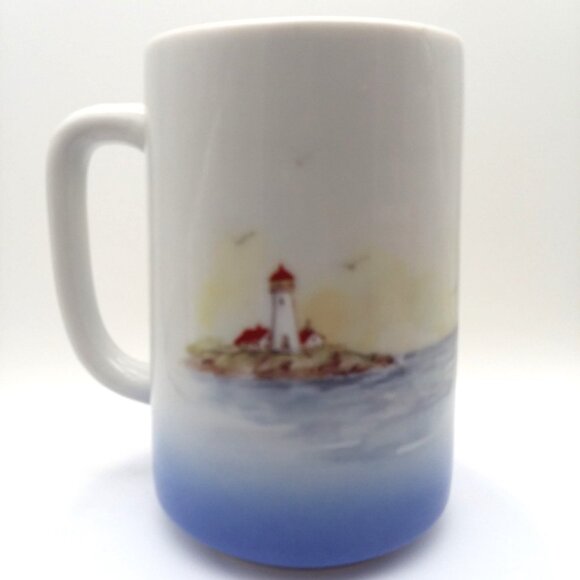 Mug Coffee VTG Otagiri Tea Handle Fishing Village Boats Seagulls 80's Sea Japan - Picture 2 of 8